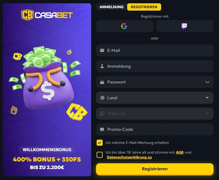 Casabet Casino Registrierung und Login